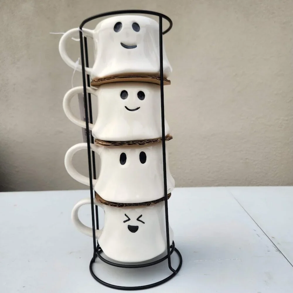 NEW Ceramic Ghost Mugs Mug Set of 4 Stacking Stackable White Stoneware Can hold